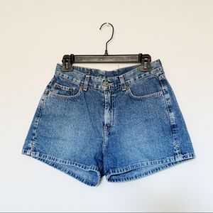 Lucky Brand dungaree high waisted medium wash blue denim jean shorts